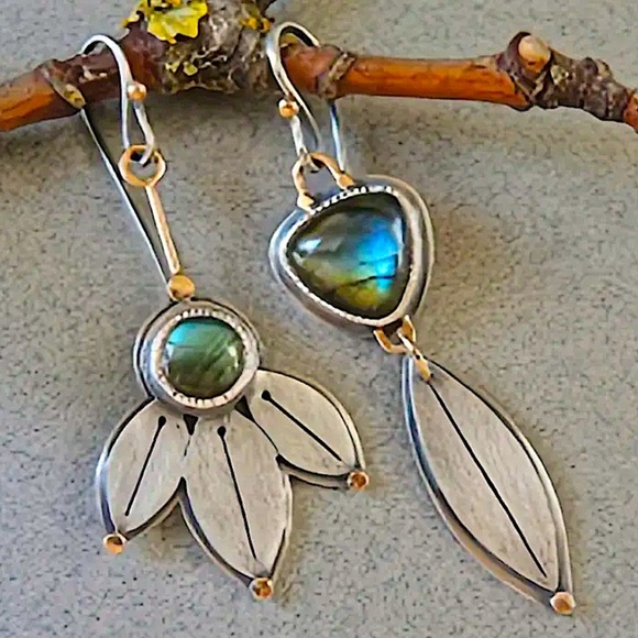 Bohemian Leaf Lotus Dangle Earrings Mix Match Geometric Stainless Steel Silver - Picture 3 of 3